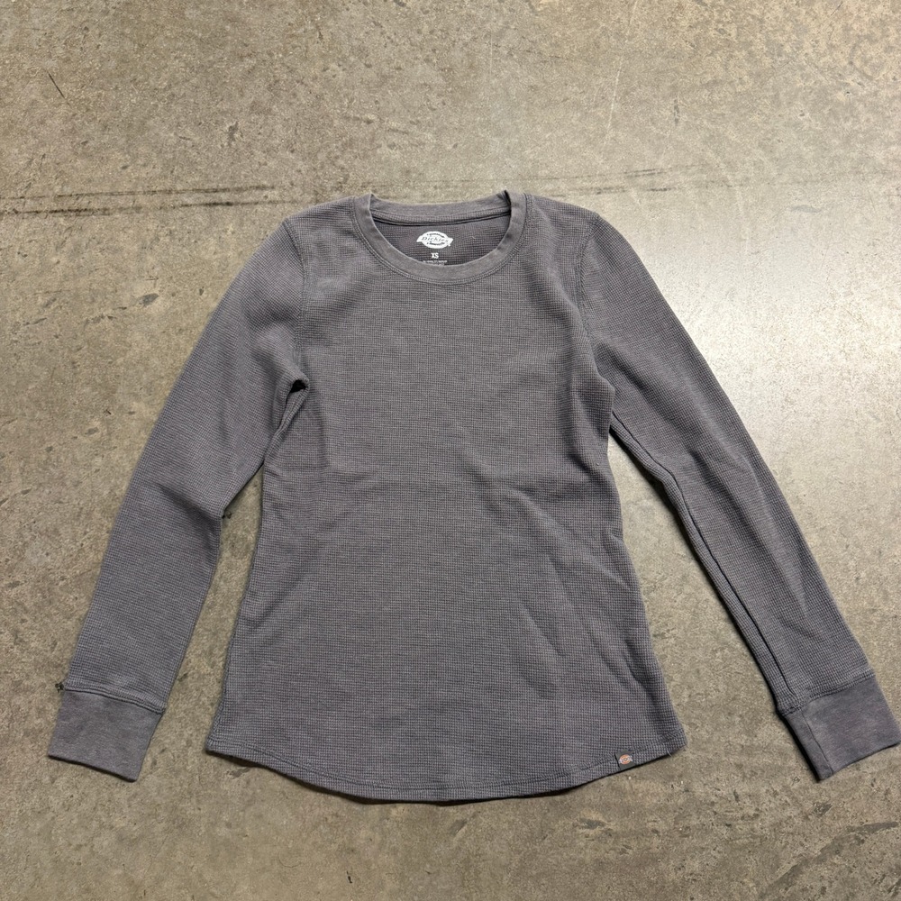 Dickies Womens XS Gray Waffle Knit Thermal Long Sleeve Crew‎ Neck Top Shirt
